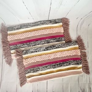 Two Pretty Boho Chic Striped Pillow Covers with Texture and Fringe 24x13 New
